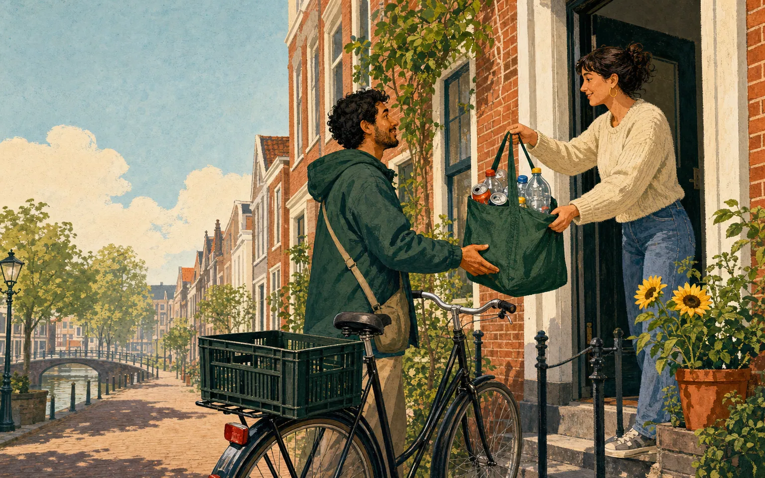 Illustratie van een bewoner die een tas met statiegeldflessen en blikjes aan een ophaler met fiets geeft